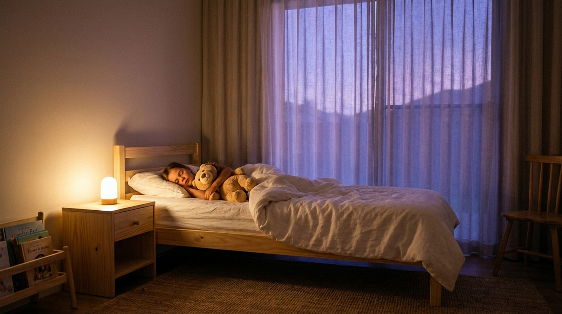 Kind slaapt rustig in bed met verzwaringsknuffel, schemerlicht, vredige slaapkamer sfeer