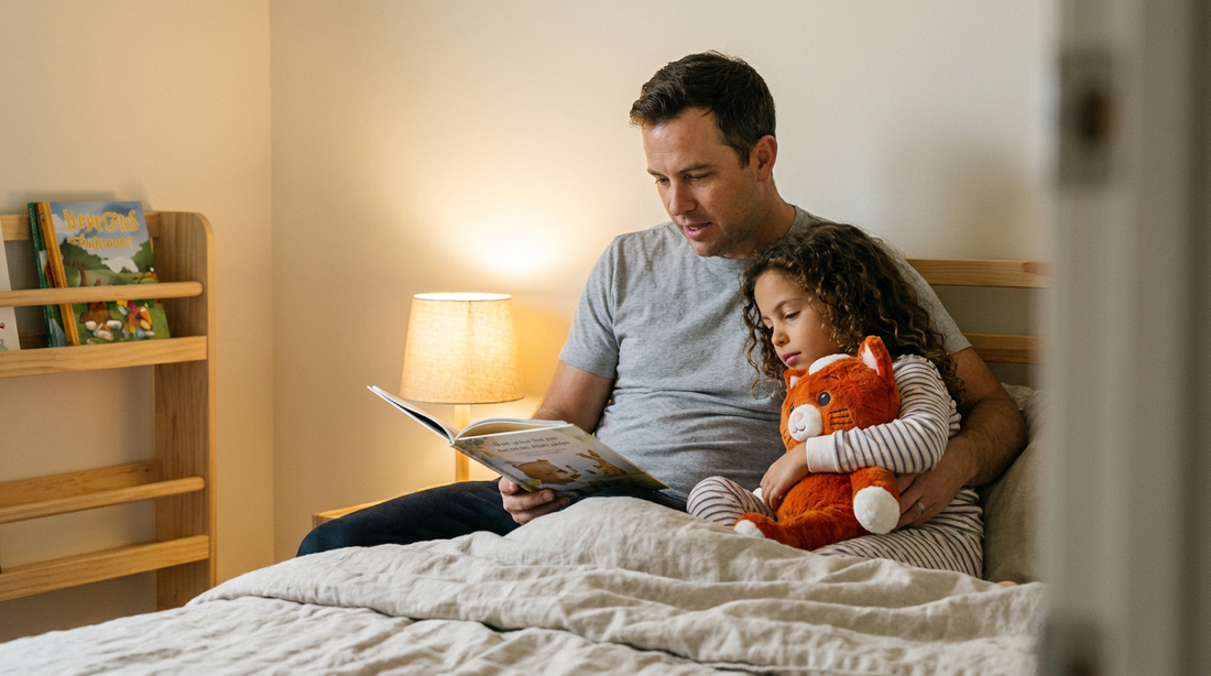 Ouder leest kind voor in bed tijdens bedritueel, kind knuffelt verzwaringsknuffel, warme lampverlichting