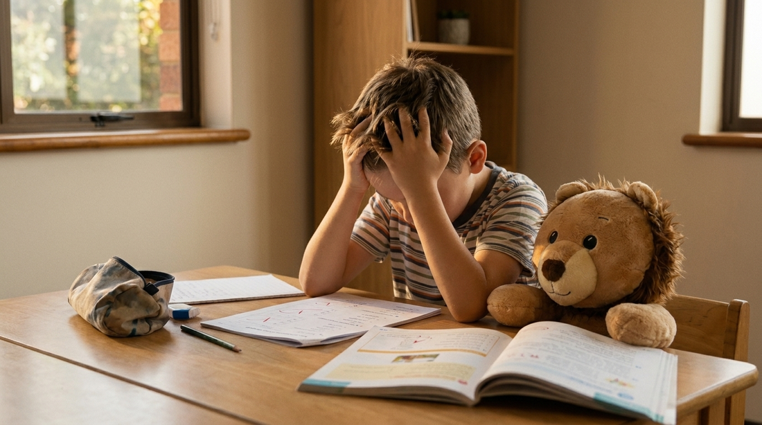Kind zit gestrest aan bureau met huiswerk, faalangst zichtbaar, verzwaringsknuffel biedt troost