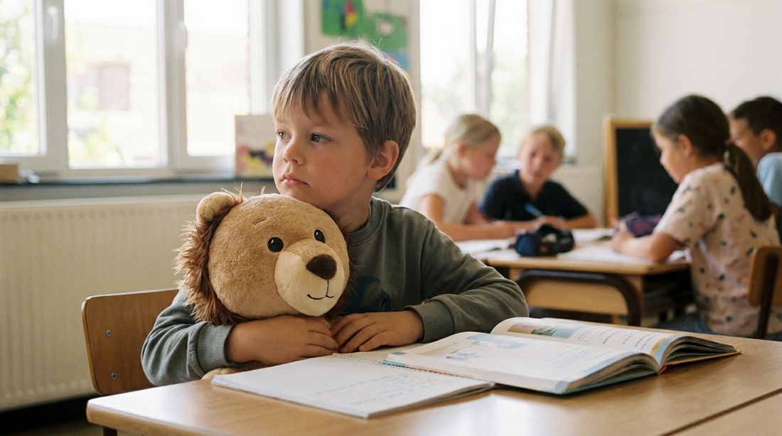 Hoogbegaafd kind zit nadenkend in klas met verzwaringsknuffel, gedachten overprikkeld, empathische sfeer